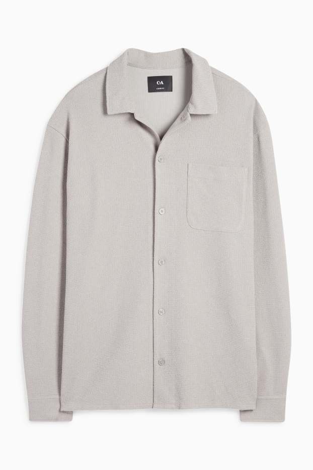 Uomo - Camicia in maglia - loose fit - collo a revers - a coste - grigio