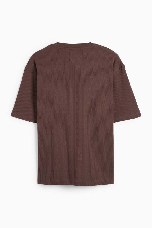 Pánské - Tričko - relaxed fit - žebrované - tmavohnědá