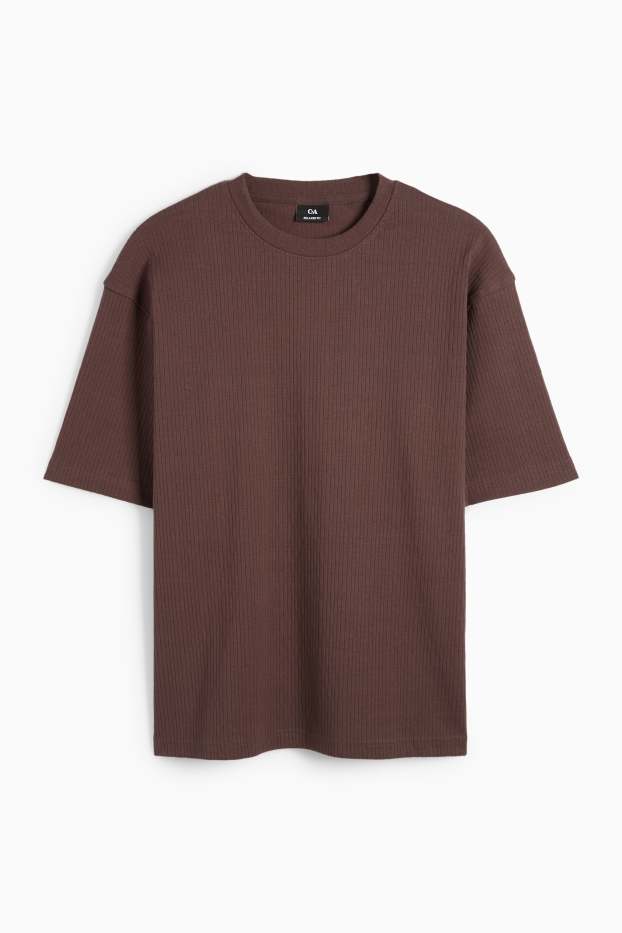 Pánské - Tričko - relaxed fit - žebrované - tmavohnědá