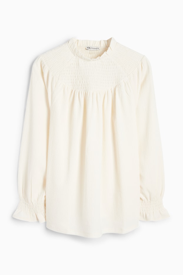 Kinder Mädchen - Langarmshirt - strukturiert - gesmokt - cremeweiß