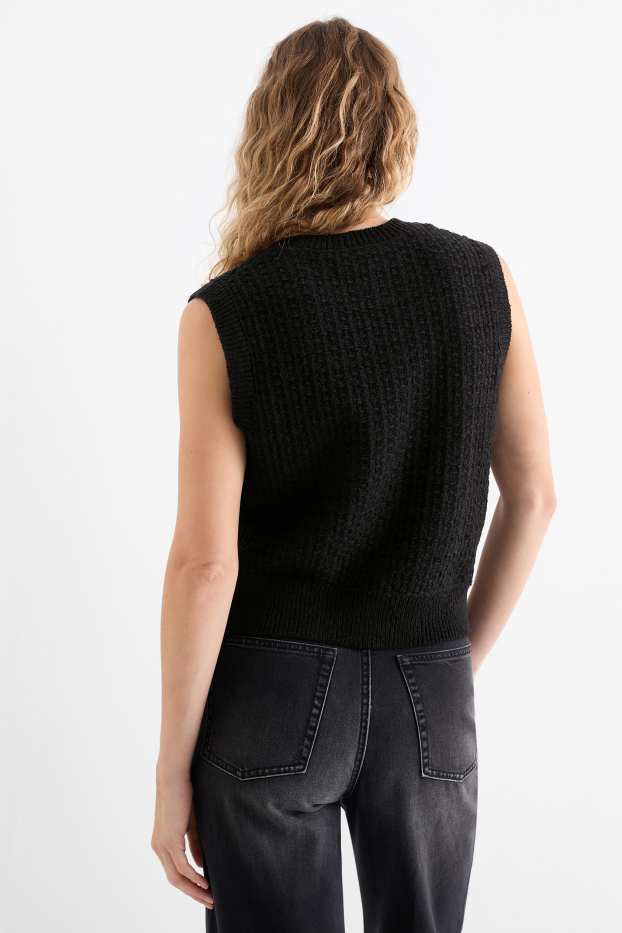 Women - Knitted waistcoat - textured - black