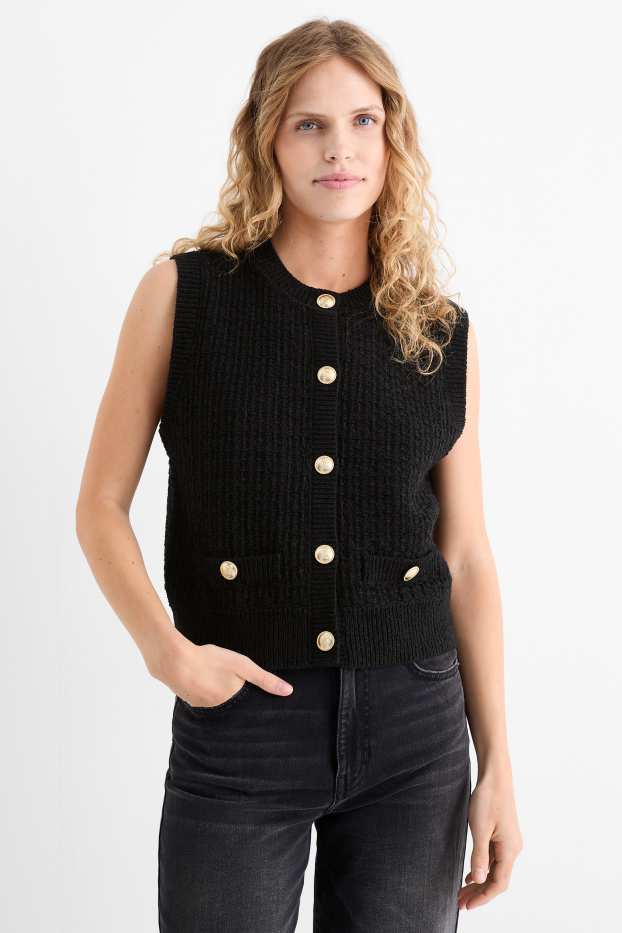 Women - Knitted waistcoat - textured - black