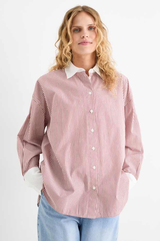 Damen - Bluse - gestreift - rot / cremeweiß