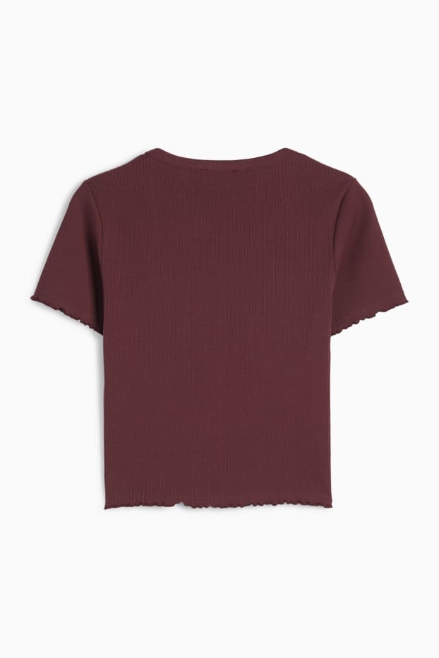 Women - Cropped T-shirt with button placket - ribbed - bordeaux