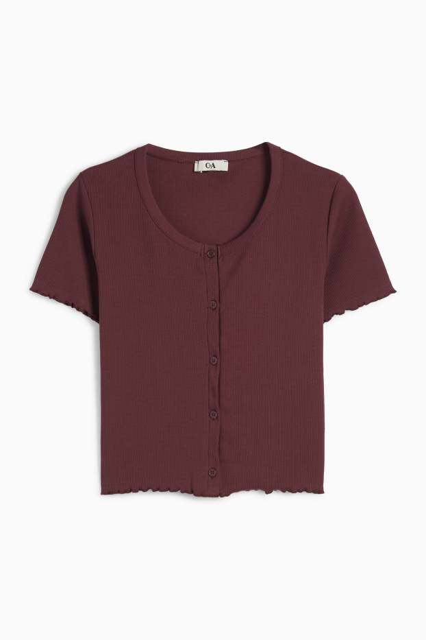 Women - Cropped T-shirt with button placket - ribbed - bordeaux