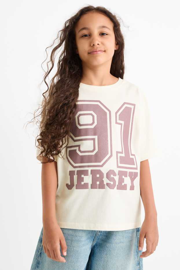 Kinderen: meisjes - T-shirt - glanseffect - crème wit