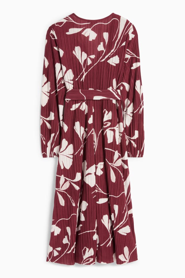 Femmes - Robe croisée plissée avec ceinture - à fleurs - bordeaux