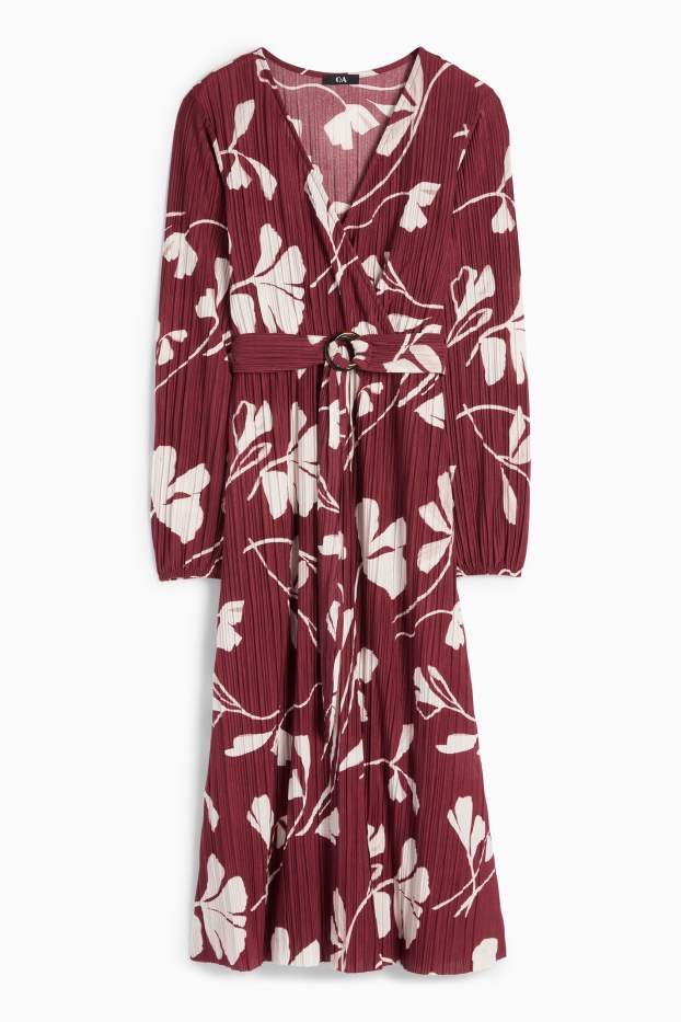 Femmes - Robe croisée plissée avec ceinture - à fleurs - bordeaux