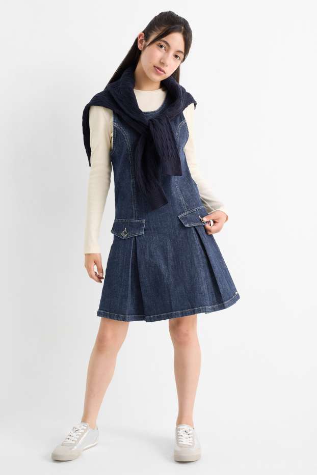 Kinderen: meisjes - Set - longsleeve en denim jurk - 2-delig - jeansdonkerblauw