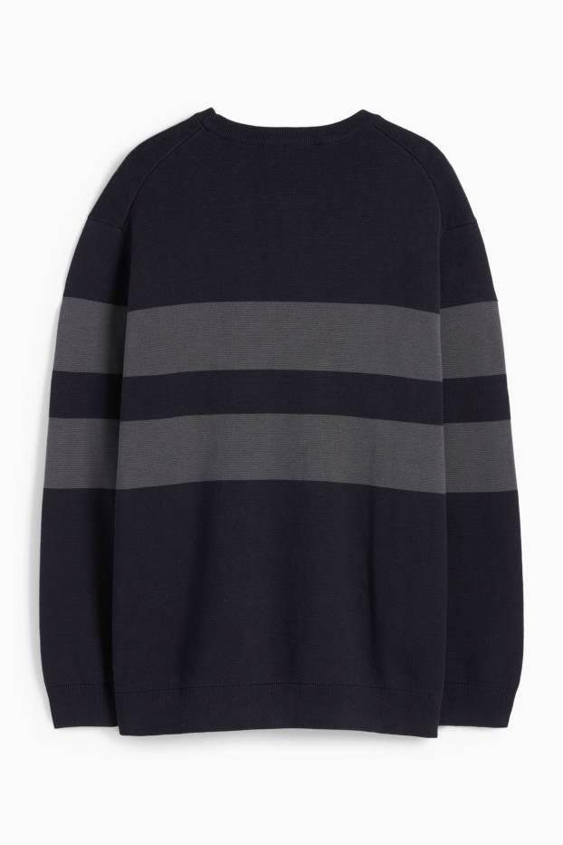 Men - Jumper - striped - textured - dark blue