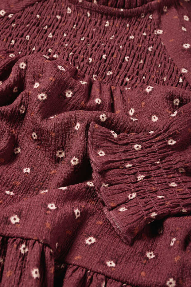 Niñas - Vestido - de flores - con textura - fruncido - rojo oscuro