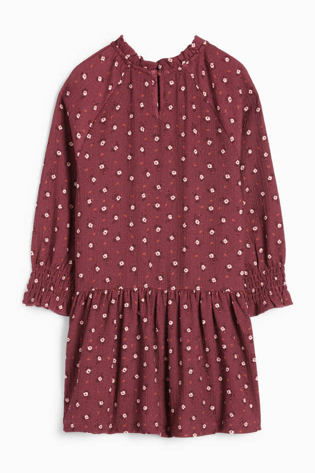 Niñas - Vestido - de flores - con textura - fruncido - rojo oscuro