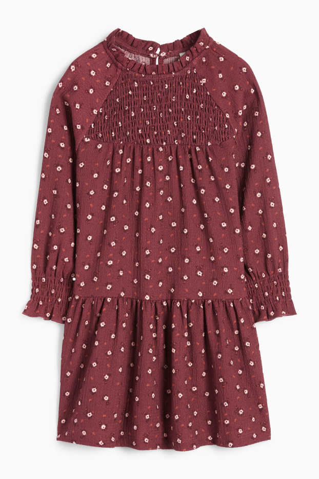 Enfants filles - Robe - à fleurs - finition texturée - smocké - rouge foncé