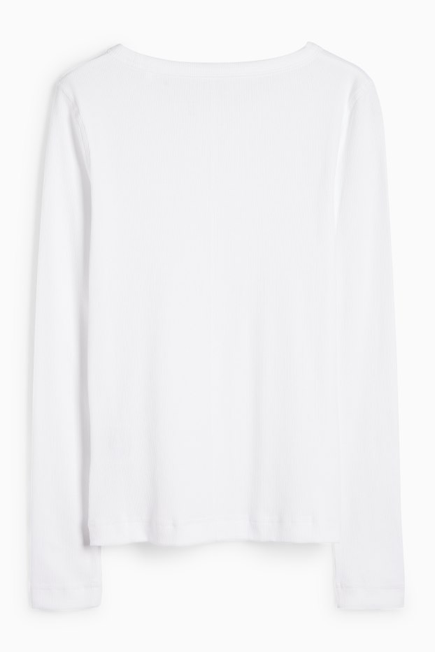 Femmes - Haut à manches longues - finition côtelée - blanc