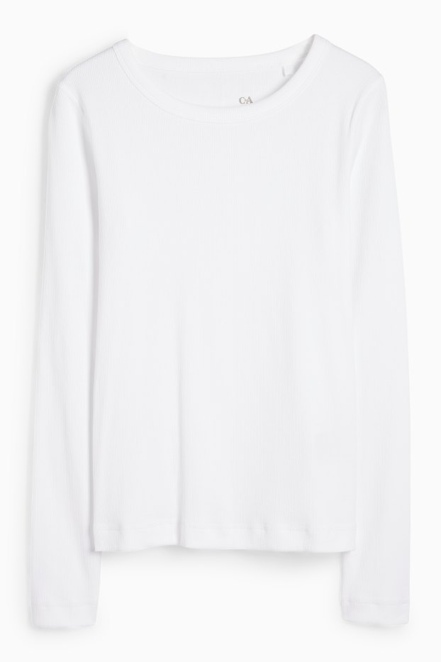 Femmes - Haut à manches longues - finition côtelée - blanc