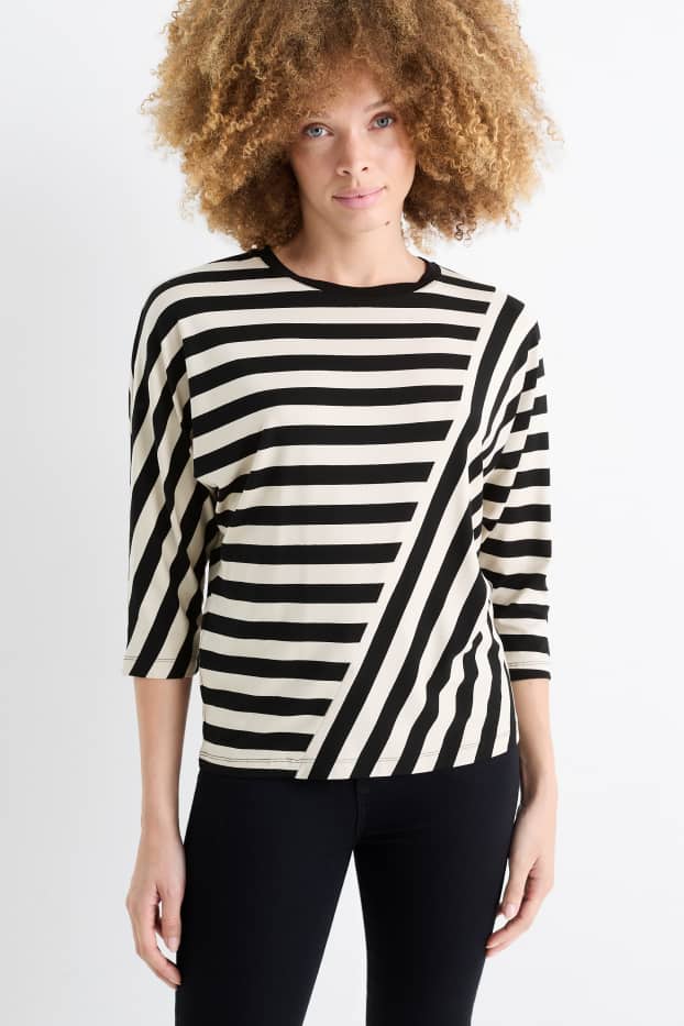 Women - Long sleeve top - striped - black / beige