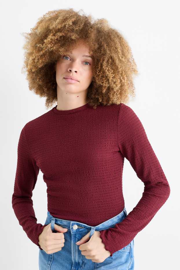 Damen - Langarmshirt - strukturiert - dunkelrot