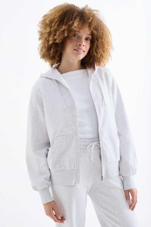 Dames - Vest van sweatstof met capuchon - licht grijs-mix