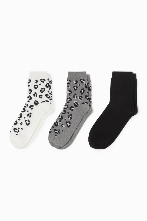 Women - Multipack of 3 - socks with motif - leopard print - gray / black