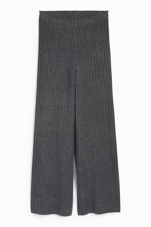 Women - Knitted trousers - mid-rise waist - ribbed - dark gray