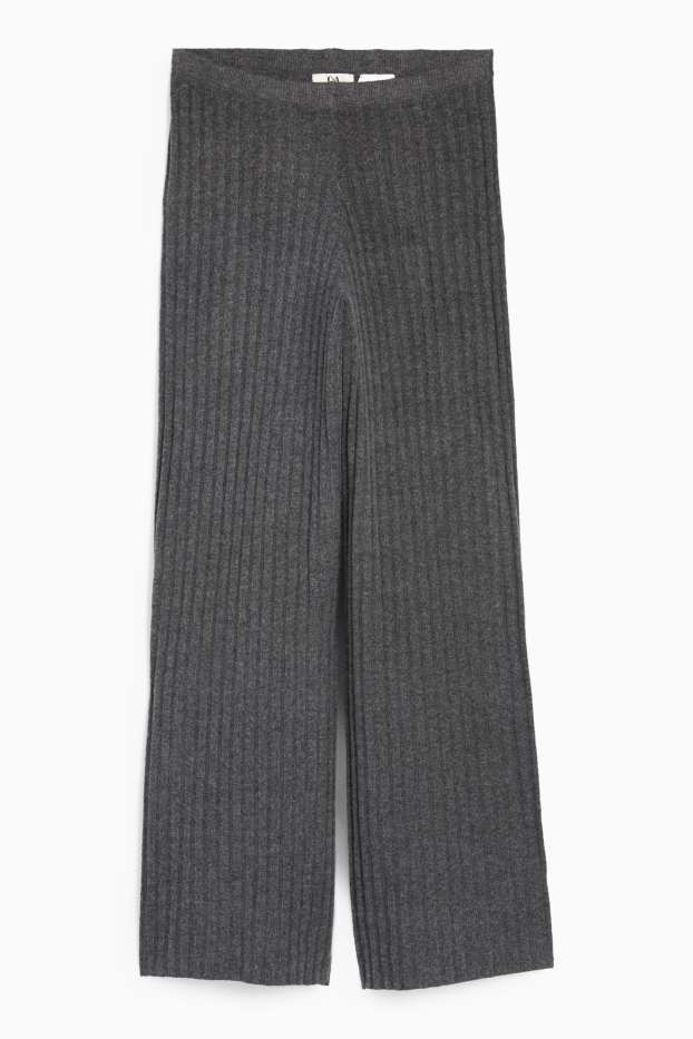 Women - Knitted trousers - mid-rise waist - ribbed - dark gray