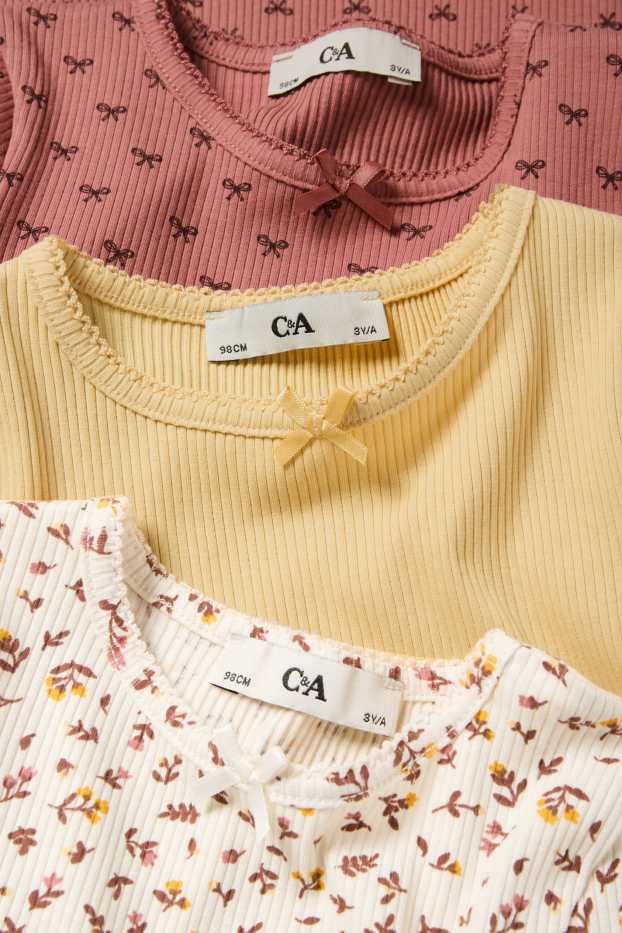 Kinderen: meisjes - Set van 3 - bloem en strik - longsleeve - geribd - crème wit