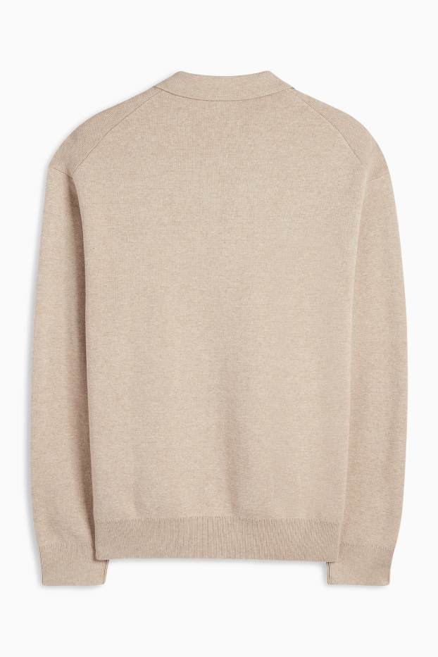 Herren - Langarm-Poloshirt - gestrickt - hellbeige