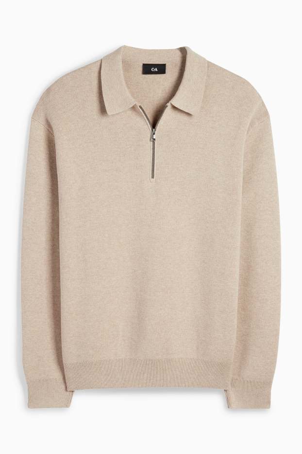 Herren - Langarm-Poloshirt - gestrickt - hellbeige