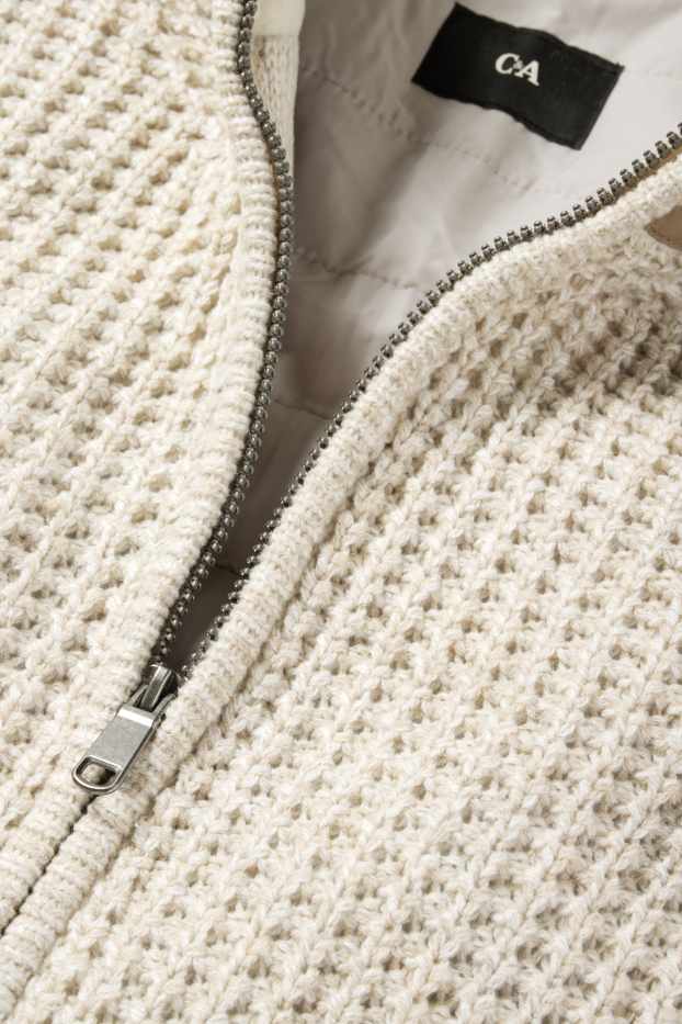 Men - Cardigan with hood - lined - textured - light beige