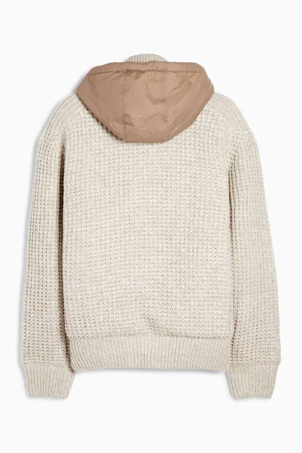 Men - Cardigan with hood - lined - textured - light beige