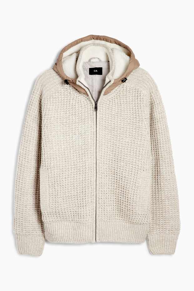 Men - Cardigan with hood - lined - textured - light beige