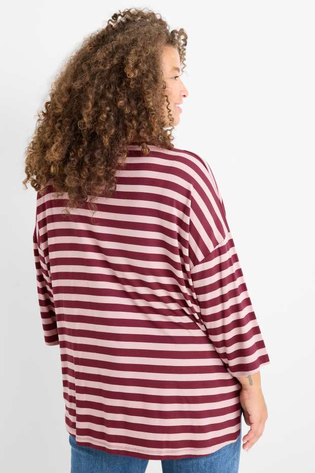 Dames - T-shirt - regular fit - gestreept - roze / donkerrood