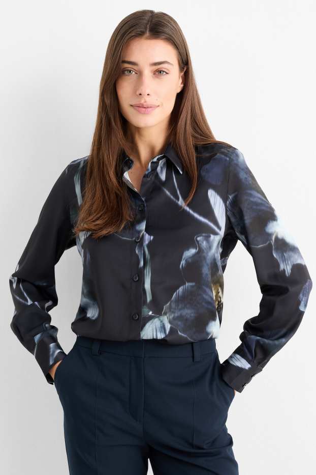 Women - Satin blouse - floral - beige / blue