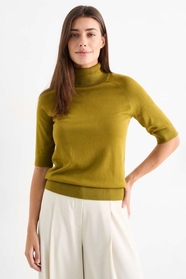 Damen - Rollkragenpullover – kurzarm - grün