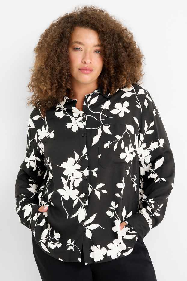 Mujer - Blusa - de flores - negro / blanco