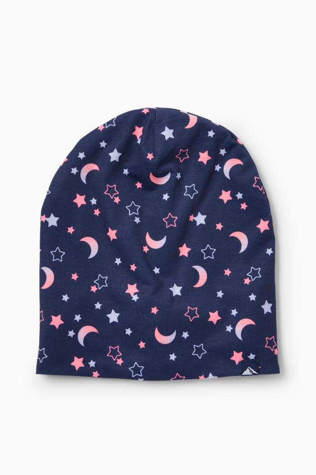 Děti - dívky - Motivy měsíce a hvězd - čepice beanie - tmavomodrá