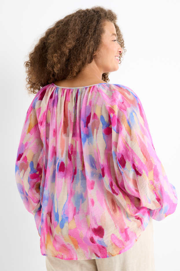 Dames - Blouse met V-hals - met patroon - fuchsiarood