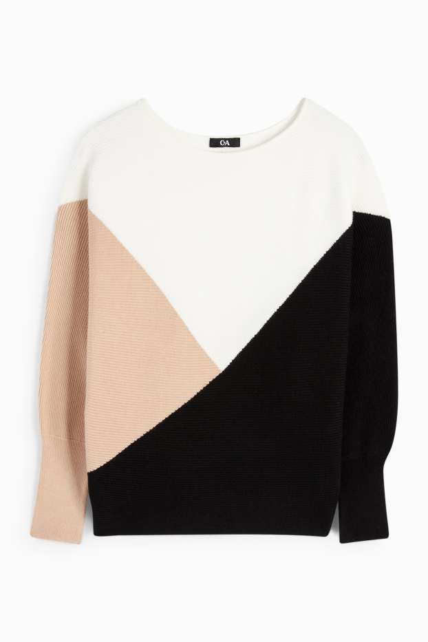 Damen - Pullover - gerippt - weiß / beige