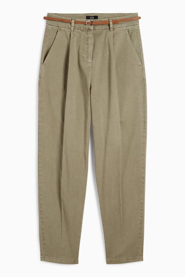Mujer - Pantalón de tela con cinturón - high waist - barrel leg - caqui