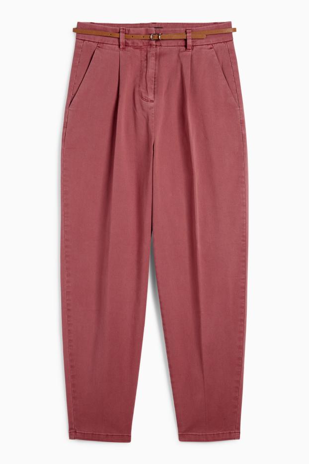 Femei - Pantaloni de stofă cu curea - talie înaltă - barrel leg - bordo