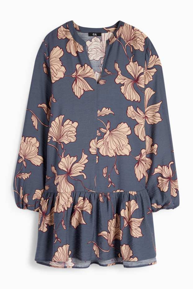 Dames - Jurk met V-hals - gebloemd - blauw