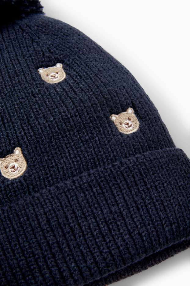 Baby: jongens - Beertje - babymuts met pompon - donkerblauw