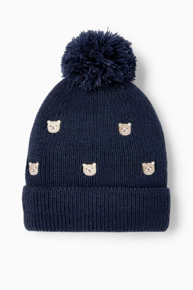 Baby: jongens - Beertje - babymuts met pompon - donkerblauw
