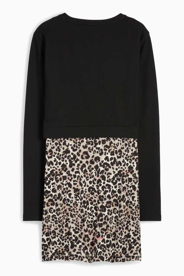 Damen - Still-Langarmshirt - 2-in-1-Look - Leo-Print - strukturiert - schwarz / beige
