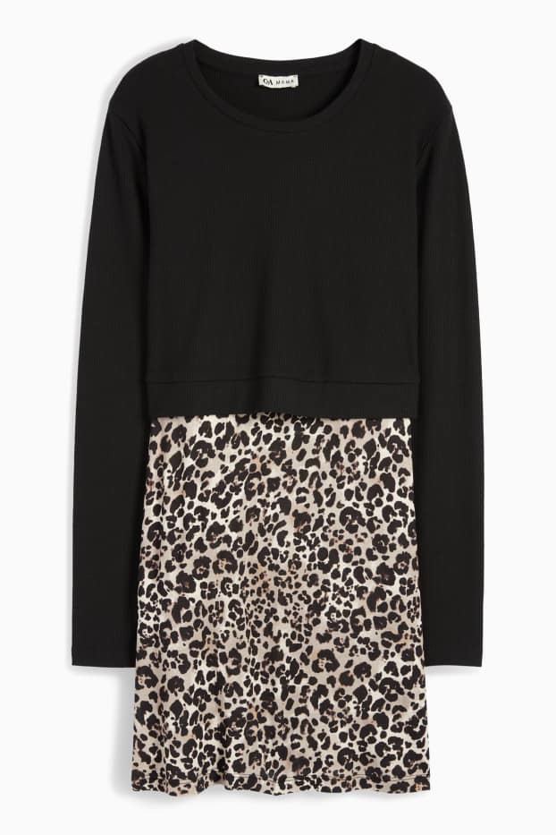 Damen - Still-Langarmshirt - 2-in-1-Look - Leo-Print - strukturiert - schwarz / beige