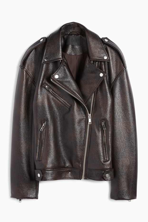 Damen - Bikerjacke - Lederimitat - dunkelbraun