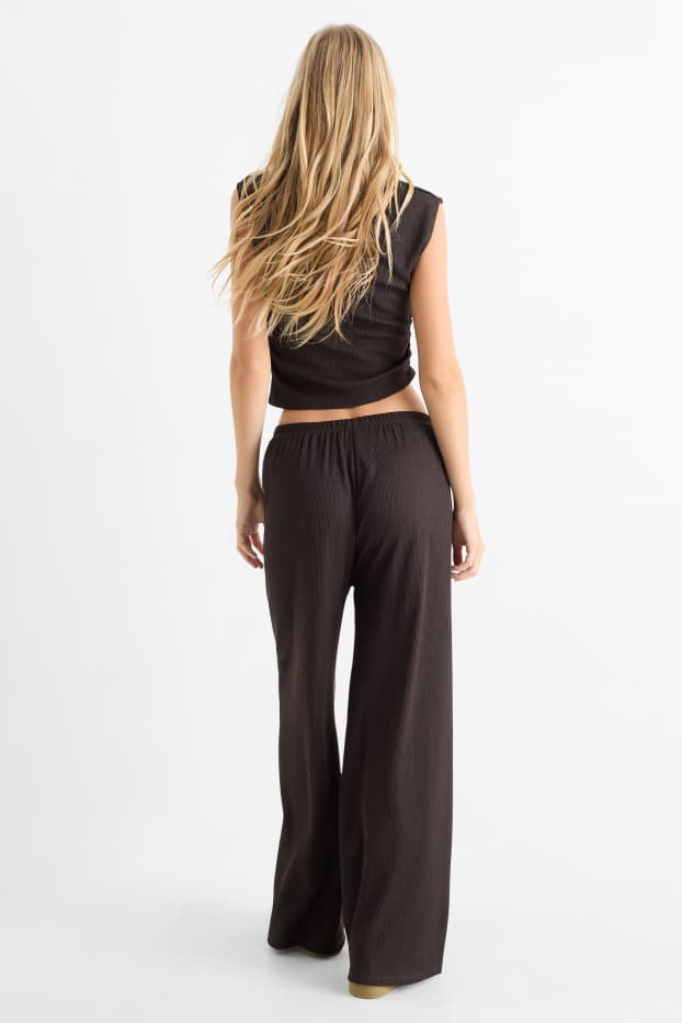 Dames - Broek van jersey - mid waist - wide leg - met structuur - donkerbruin