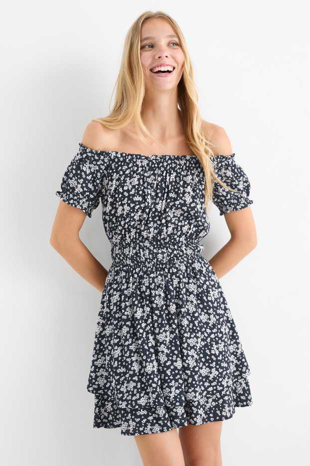 Damen - Fit & Flare Kleid - geblümt - dunkelblau