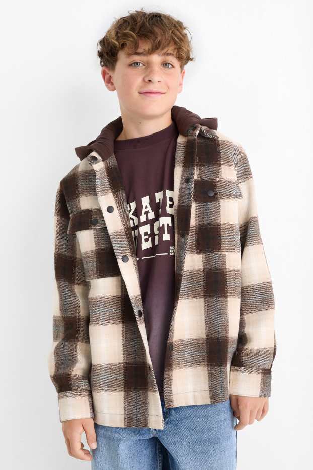 Kinderen: jongens - Overhemdjas met capuchon - geruit - beige / bruin