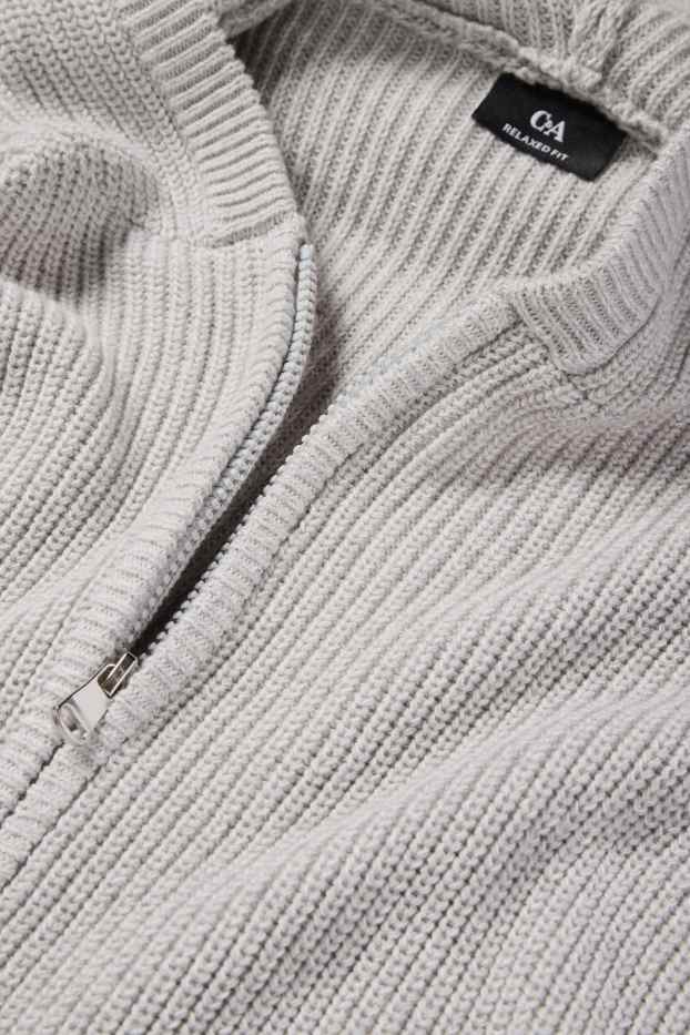 Men - Cardigan with hood - ribbed - light gray